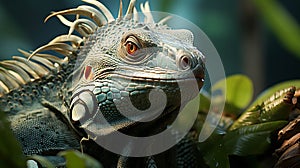 Closeup Iguana in a tree bunch