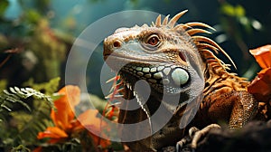 Closeup Iguana in a tree bunch