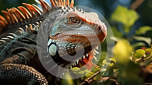 Closeup Iguana in a tree bunch