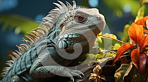 Closeup Iguana in a tree bunch