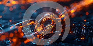 Closeup of Illuminated Digital Blockchain Links on Dark Background Representing Secure Data