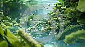 A closeup illustration of a biofilter where beneficial bacteria convert fish waste into nutrients for plants. photo