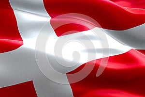 Closeup of illustration waving dannebrog denmark flag, with red background and white cross, national symbol of danish photo