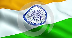 Closeup of illustration waving india flag, with blue wheel, national symbol of indian hindu