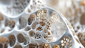 A closeup image of a 3D printed tissue scaffold showcasing the intricate structure and precise placement of cells and