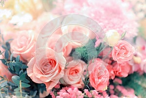 Closeup image of beautiful flowers wall background with amazing red and white roses Retro filter