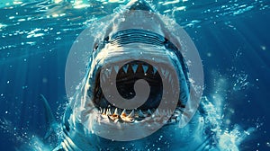 Closeup image of Big Shark Face, white shark in deep blue water background AI generated