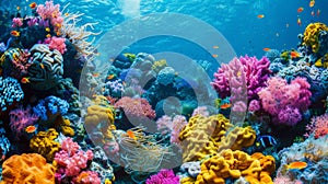 A closeup image of a coral reef showcasing its vibrant colors and diverse marine life. The caption explains that the photo