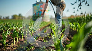 A closeup image of a farmer carefully adjusting the flow of water from a soaker hose onto a row of corn plants. The hose