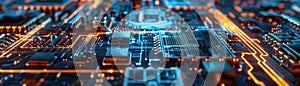 A closeup image focuses on the labyrinthine pathways within a semiconductor chip resembling a futuristic cityscape The glow of