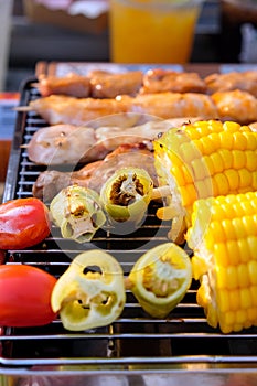 Grilled vegetable and chicken skewers on a hot barbecue