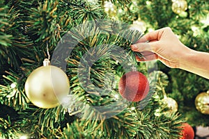 Closeup image of a hand decorating Christmas tree with red sparkling glitter baubles. Concept and idea of celebrating Christmas ho
