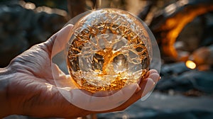 A closeup image of a hand holding a crystal ball with a tree of life etched onto its surface. The crystal ball