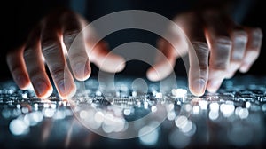 A closeup image of hands inputting data on a quantum computing interface emphasizing the precision needed in configuring