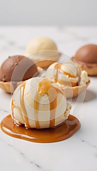 Closeup image Ice cream cones with caramel drizzle on a white marble table