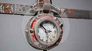 Closeup image of an old alarm clock clamped tightly, symbolizing stress or time management