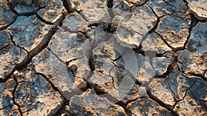 A closeup image of a parched sunbaked ground lined with deep cracks and devoid of any signs of greenery