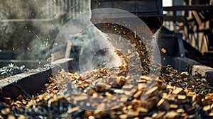 A closeup image of a pile of carbonaceous materials such as wood chips or agricultural waste being fed into a gasifier.