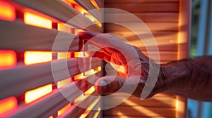 A closeup image of a professional athletes hand reaching out to adjust the temperature settings on an infrared sauna