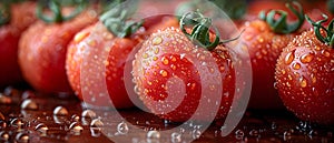 Closeup image of ripe red tomatoes with water droplets han. Concept Food Photography, Fresh