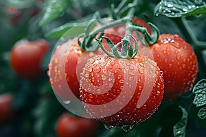 Closeup image of ripe red tomatoes with water droplets han. Concept Food Photography, Fresh