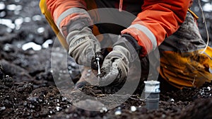 A closeup image shows a scientist planting a seismometer in the ground a crucial tool for monitoring the seismic