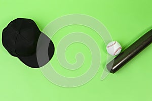 Closeup Image of Stylish Laquered Wooden Brown American Baseball Bat Placed With Clean Leather White Ball and Black Cap Over