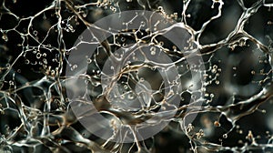 A closeup image of a tangled network of fungal hyphae resembling a web of delicate threads viewed under a microscope photo