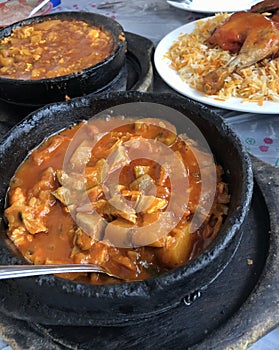 Closeup image of traditional dishes served in a Yemeni restaurant