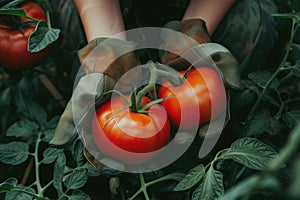 Closeup image of woman s hands in gardening gloves planting tomato