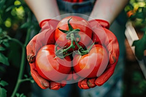 Closeup image of woman s hands in gardening gloves planting tomato