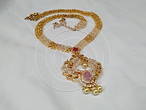 Indian wedding polki necklace choker, Earring, tikka and other jewelry accessories for bride  on white Background