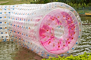 Closeup of an inflatable roller game in a water playground