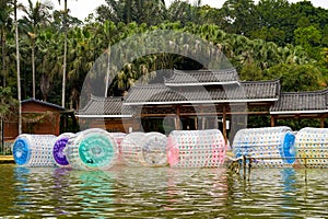 Closeup of an inflatable roller game in a water playground