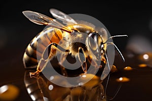 closeup insect macro bee honey nature medicine gold background yellow pollen. Generative AI.