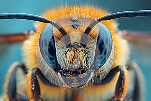 Closeup of an insects, face bee with eyes closed. This pollinator, a terrestrial animal, demonstrates adaptation.