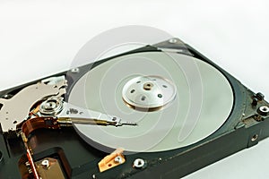 Closeup inside hard disk drive, data storage device