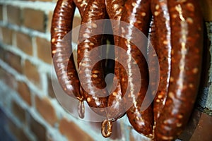 closeup of interlinked sausages hanging near a brick wall photo