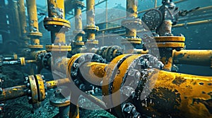 Closeup of the intricate network of pipes and valves making up a subsea oil pipeline photo