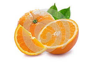 Closeup of isolated one half and quarter of fresh orange fruit with water droplets and green leaves on white background. Clipping