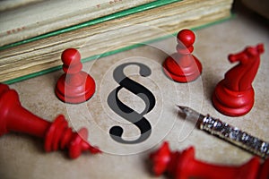 Closeup of isolated paragraph symbol on old yellow vintage paper with books, ink pen and red chess pieces