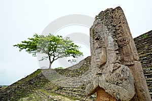 Closeup of Jaguar Bird Peccary Mayan ruler statue in Tonina