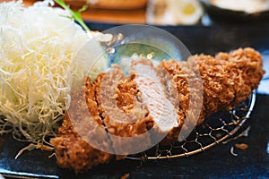 Closeup of a Japanese deep-fried pork cutlet (tonkatsu set)