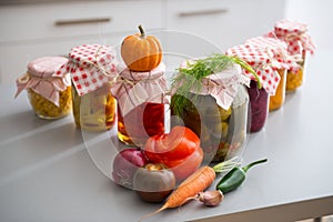 Closeup on jars of pickled vegetables on table