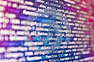 Closeup of Java Script and HTML code. Information technology website coding standards for web design. Software developer