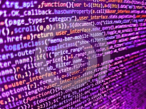 Closeup of Java Script and HTML code. PC software creation business. Digital technology on display. Digital abstract bits data