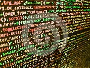 Closeup of Java Script and HTML code. PC software creation business. Digital technology on display. Digital abstract bits data