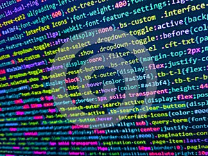 Closeup of Java Script and HTML code. Program code PHP HTML CSS of site. SEO optimization. Modern application Source abstract