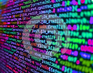 Closeup of Java Script and HTML code. Web abstract programming and created virus on laptop screen. Simple website HTML code with