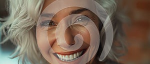 Closeup Of A Joyful, Elderly Model With Silver Hair, Glowing Smile, Used In A Dental Ad